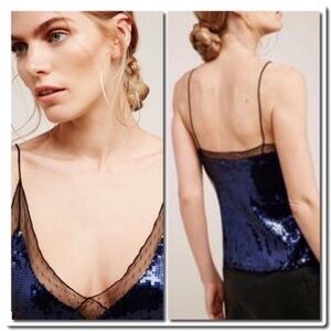 Free People Blue Sequin V-Neck Camisole Top